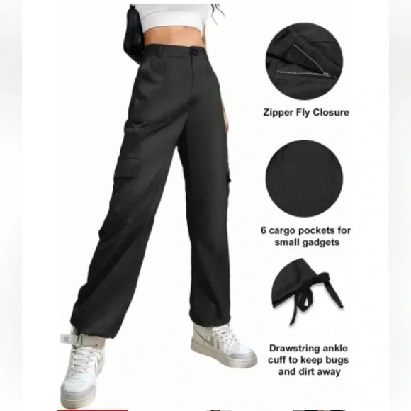 LOLOCCI Women’s Cotton Cargo Drawstring High Waisted Ankle Cuffs Joggers Blck XL - Picture 2 of 7